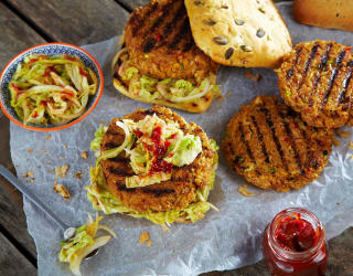 Sweet Ginger Tofu Burger with Kimchi Slaw
